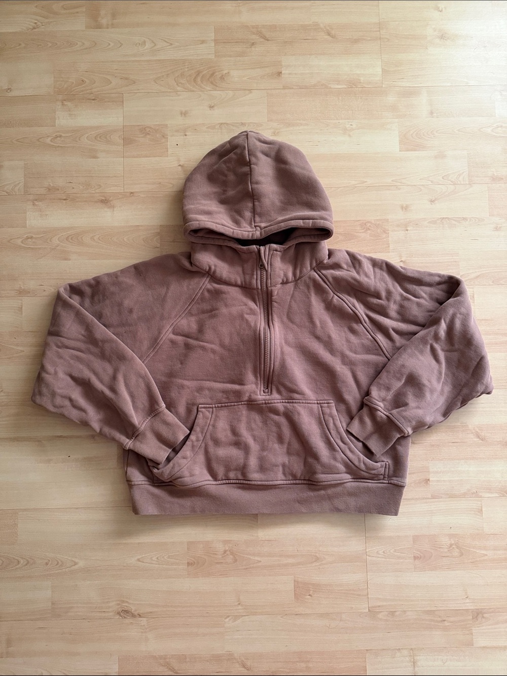 Quince Organic Heavyweight Fleece Cropped Half Zip Hoodie - Taupe, S